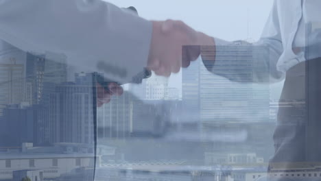 animating business handshake over cityscape background