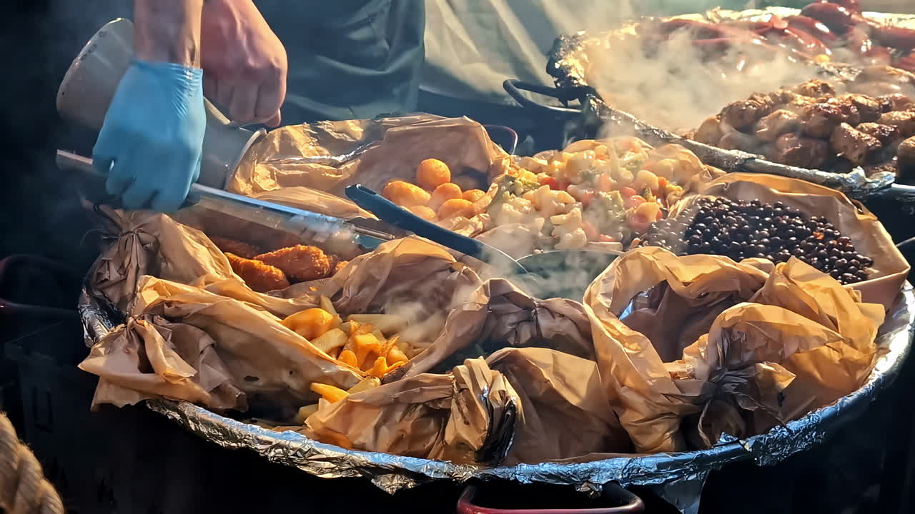 Traditional street food with fries, vegetables and steam rising from pan