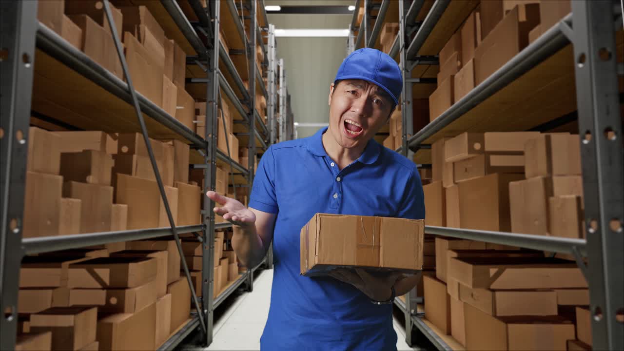 mensajero masculino asiático en uniforme azul mostrando un gesto desconcertado y diciendo qué mientras entregaba un cartón en el almacén