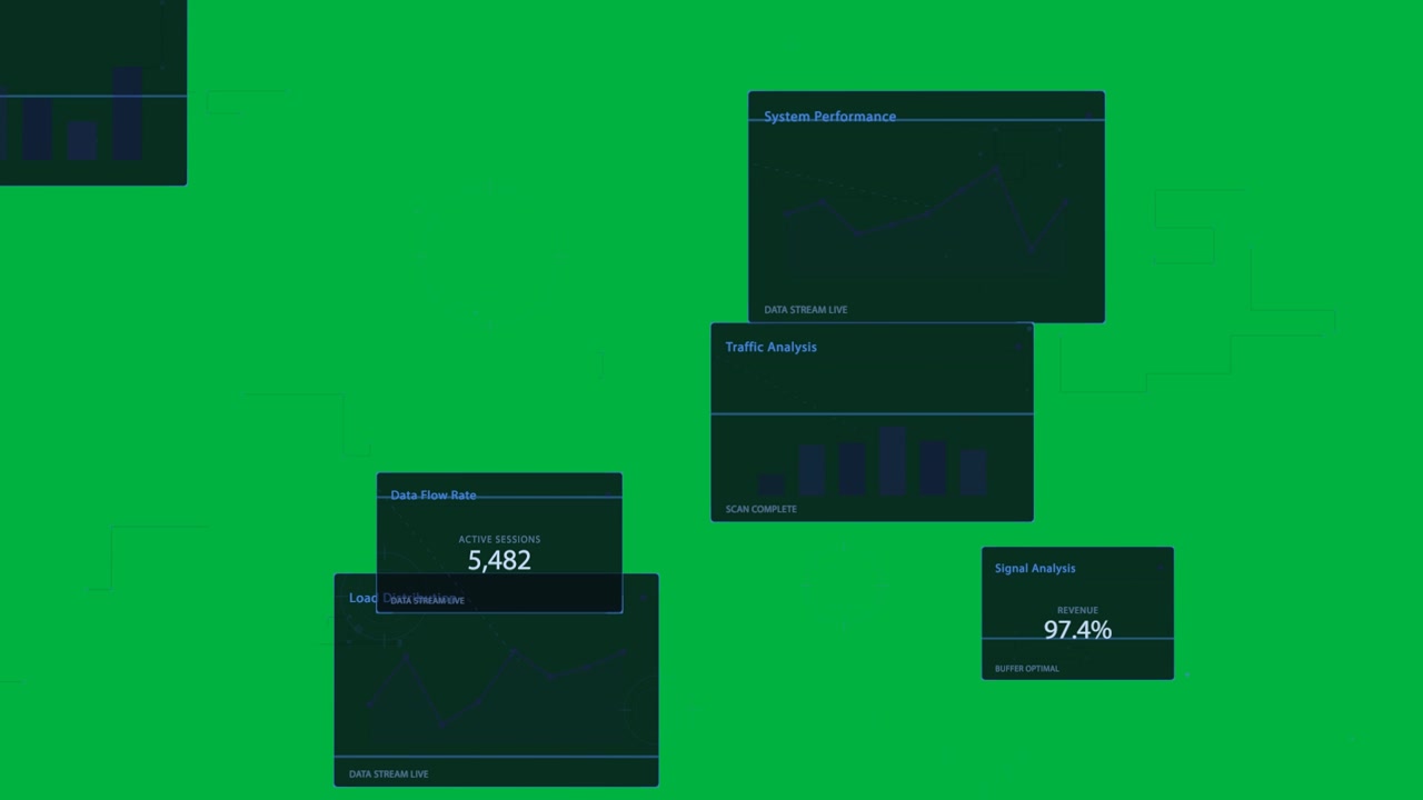 Left glyph blink starting nodes pulsing and panels sliding, showing telemetry on transparent canvas