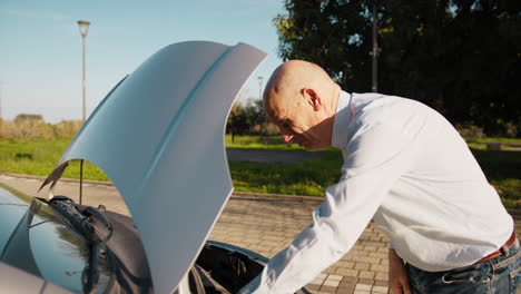 man opens the car hood to check the oil