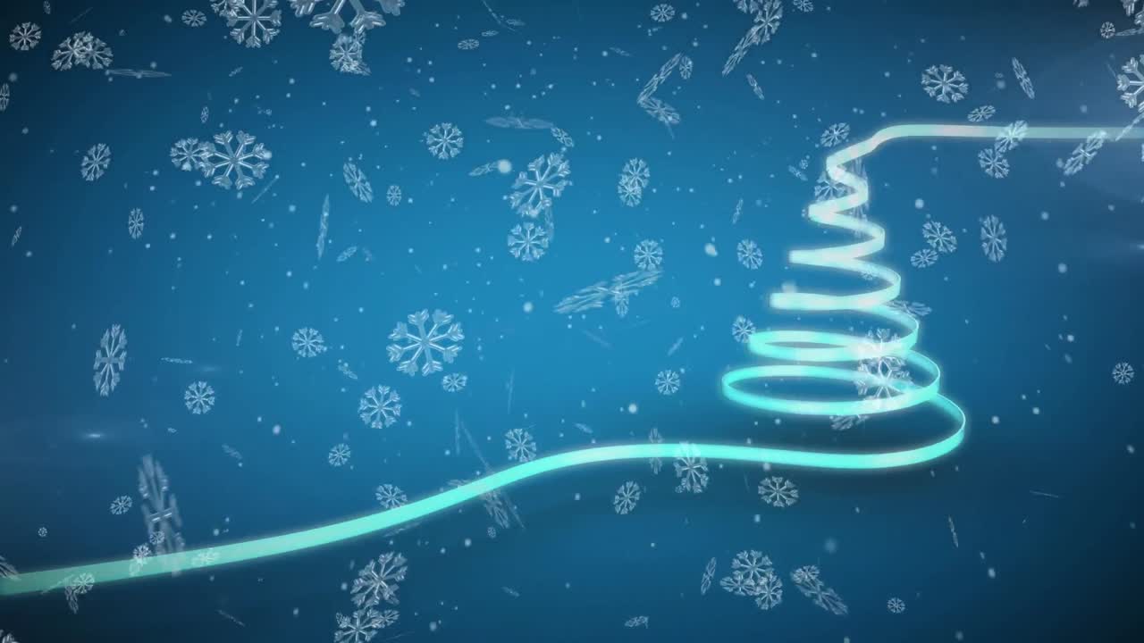 파란 리본과 눈이 떨어지는 크리스마스 트리의 애니메이션