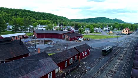 An-Aerial-View-of-an-Abandoned-Narrow-Gauge-Coal-Rail-Road-Round-House-and-Turntable-and-Support-Building-Starting-to-be-Restored