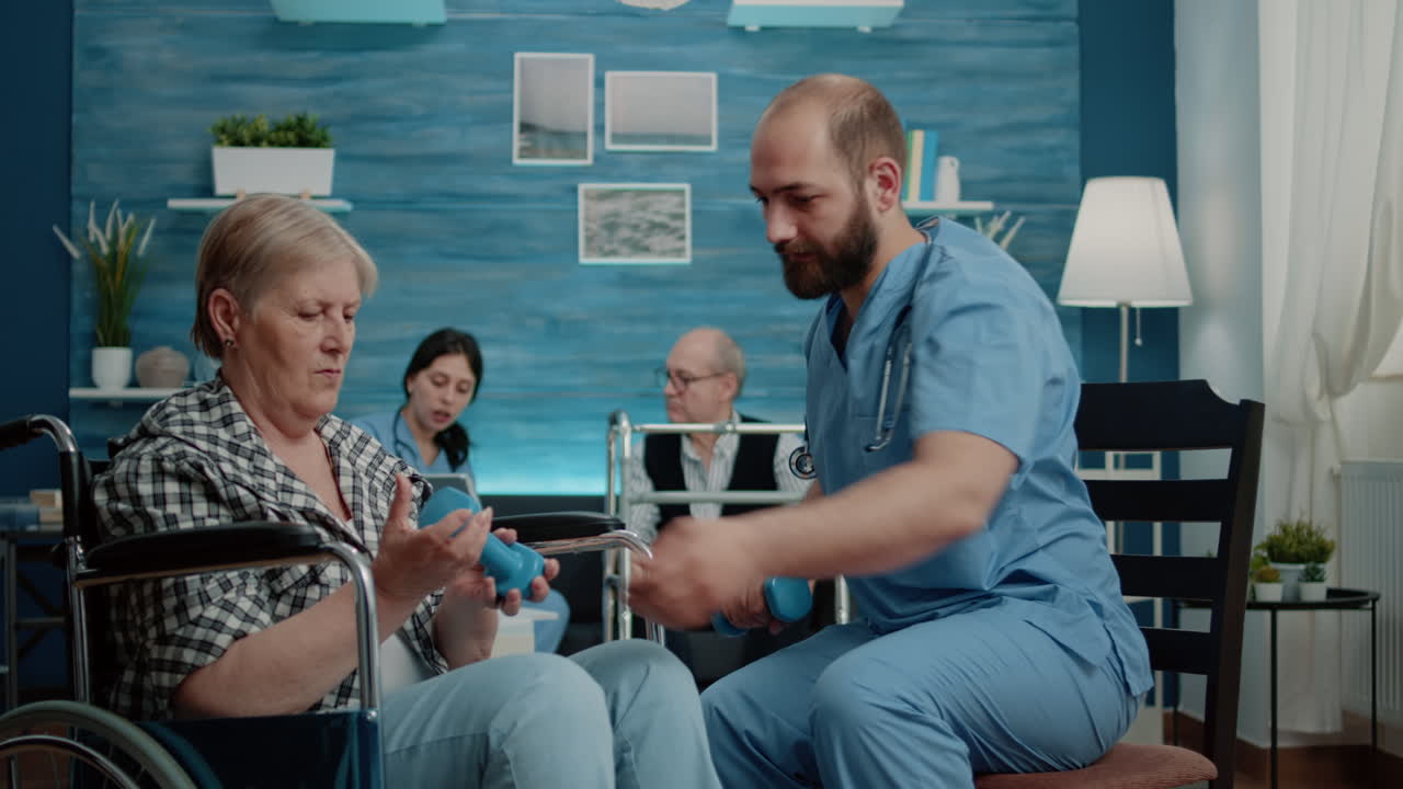 Senior disabled woman using dumbbells for physical exercise