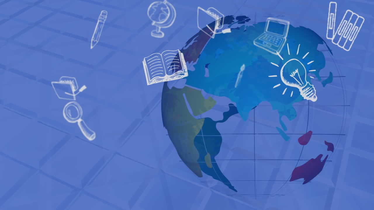 파란색 지구와 파란색 배경 위에 떠있는 학교 아이콘의 애니메이션