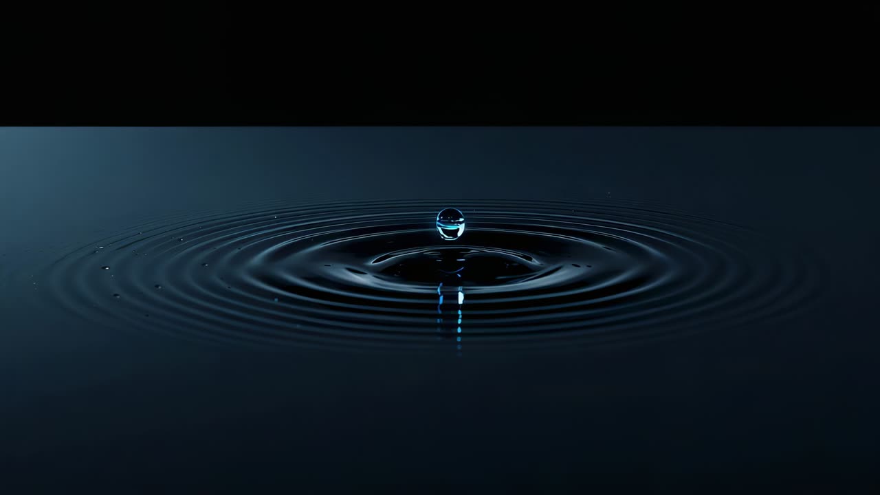 Rippling rings from impact on dark liquid raising column with droplet in basin, glints