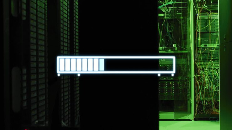 Loading bar animation over server racks in data center, visualizing progress