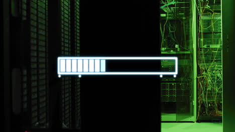Loading bar animation over server racks in data center, visualizing progress