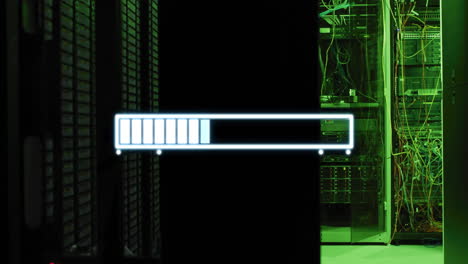 loading bar animation over server racks in data center, visualizing progress