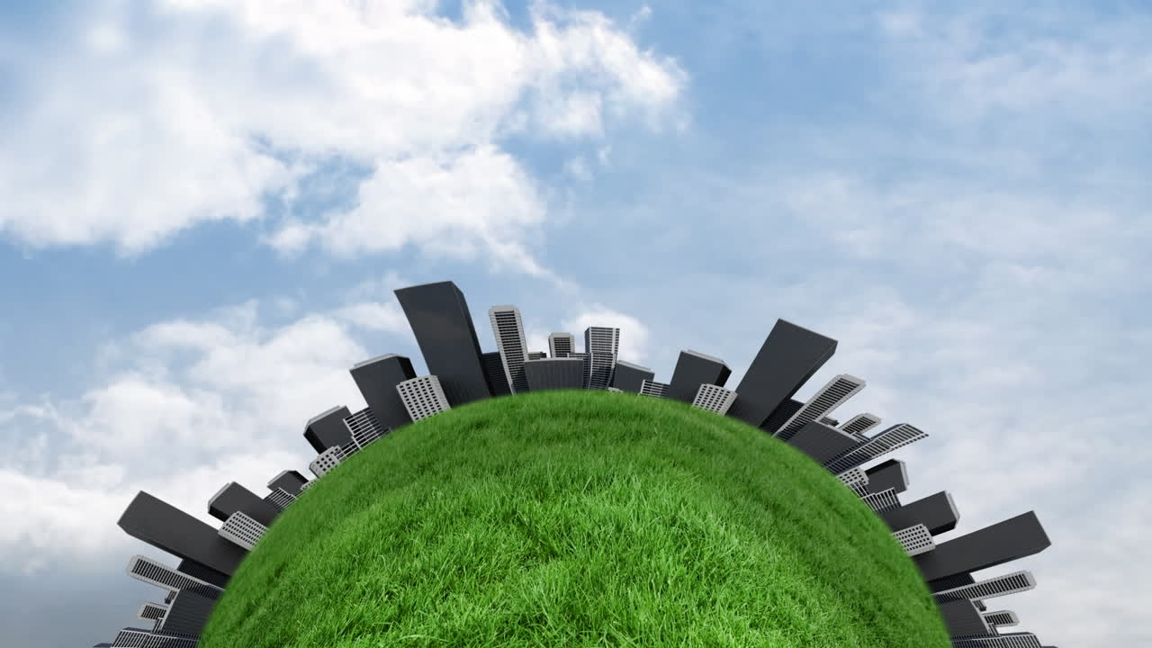 Animação de paisagem urbana sobre céu com nuvens
