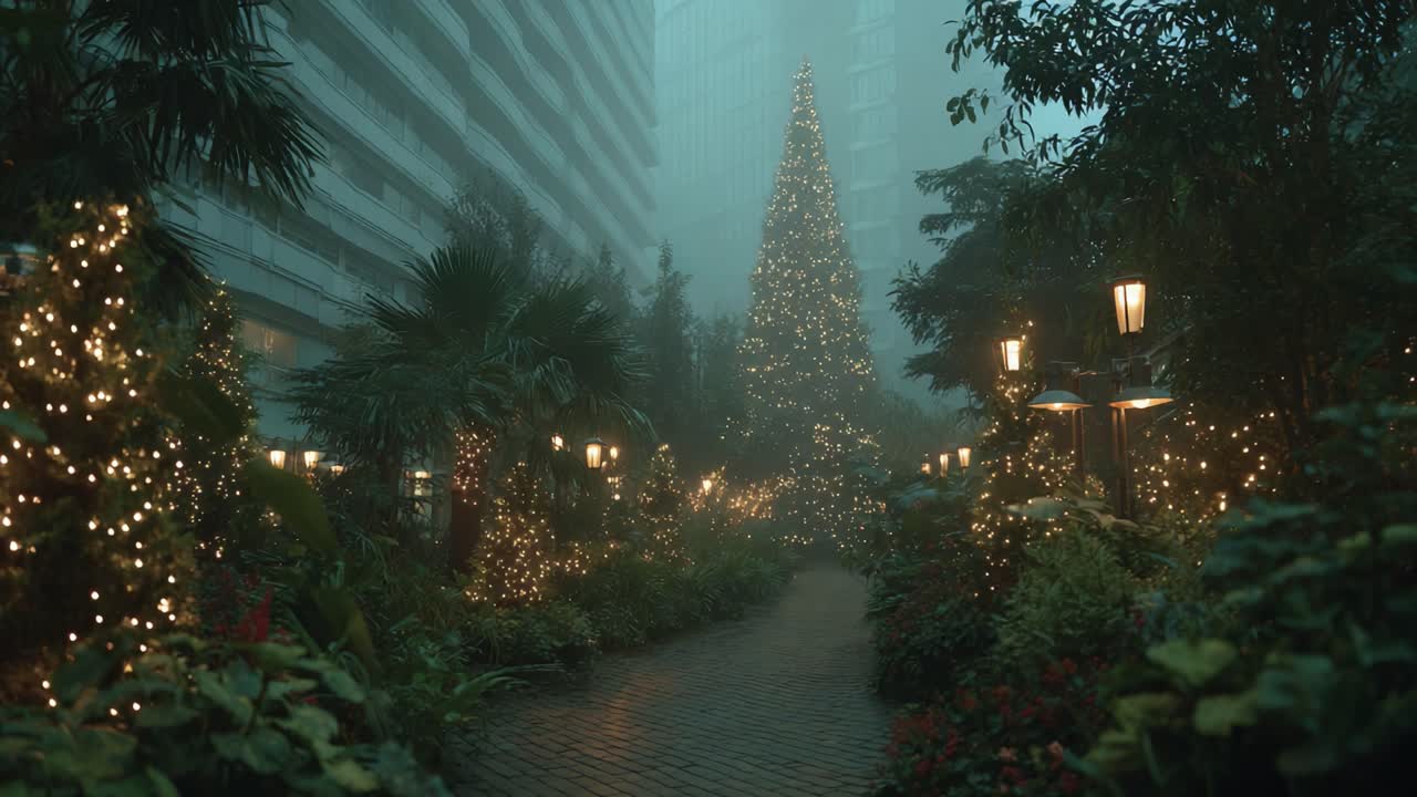 Enchanting Christmas Garden with Glowing Lights and a Majestic Tree Surrounded by Lush Foliage in a Misty Urban Setting