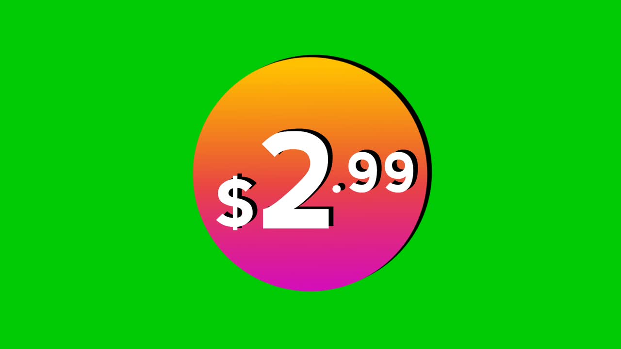 Animazione di un cartellino del prezzo di 2,99 dollari, con grafiche in movimento circolari e colorate su sfondo green screen. Perfetto per annunci pubblicitari, e-commerce, vendita al dettaglio, sconti e come elemento video per concetti di promozione aziendale