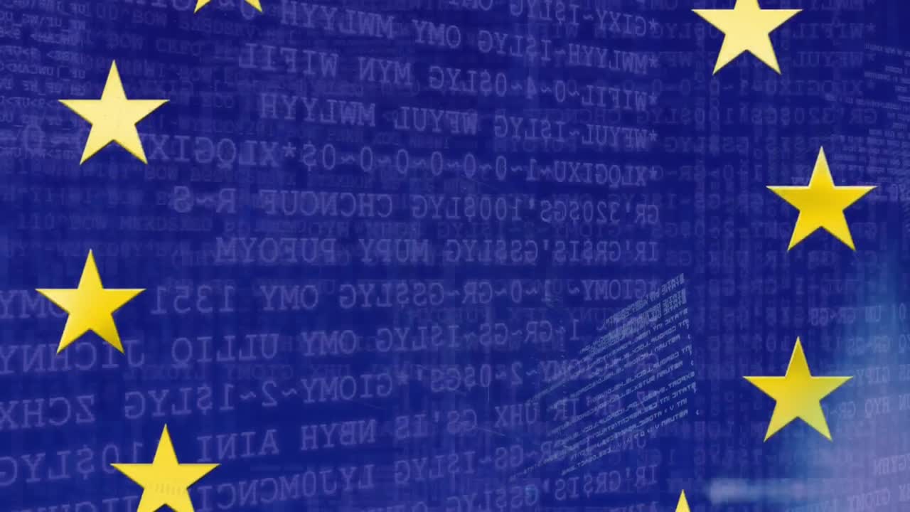 유럽 연합의  ⁇ 발의 별 위에 있는 금융 데이터 처리 애니메이션