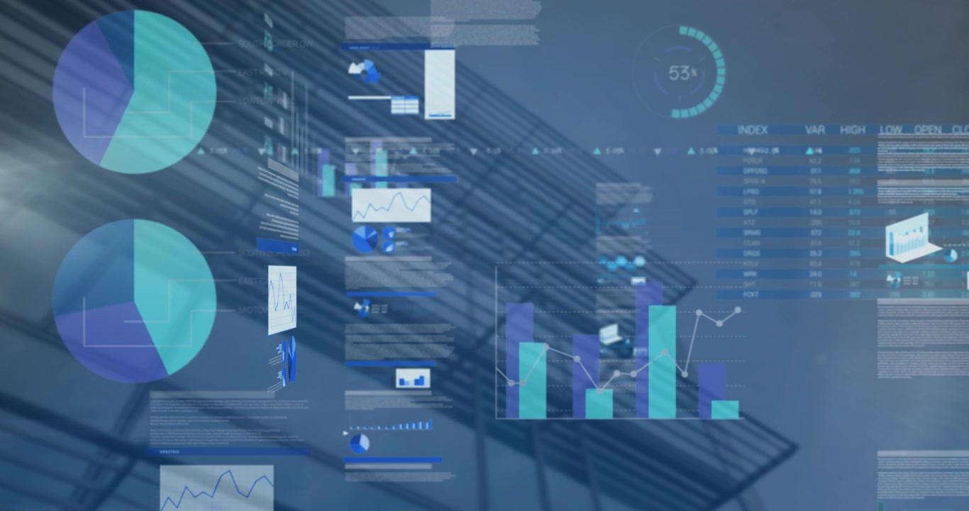 Animation of statistical data processing against low angle view of tall building
