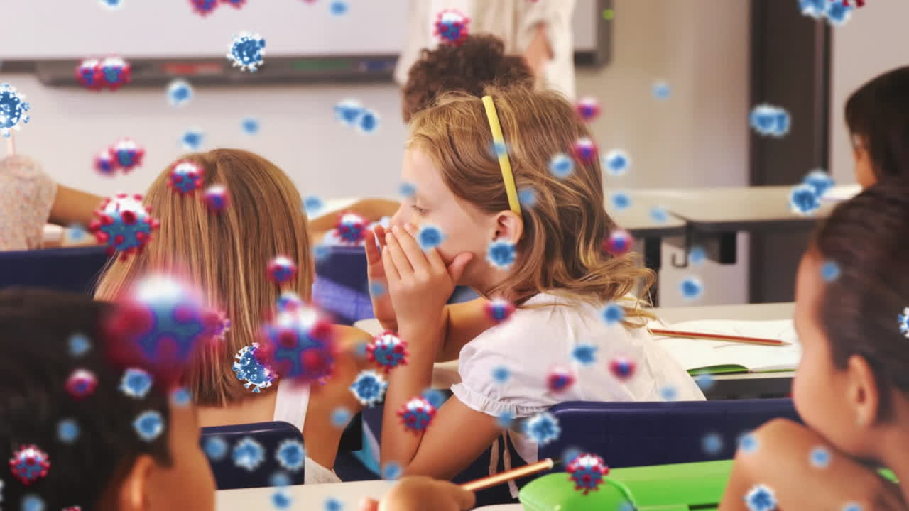 анимация клеток коронавируса над школьниками