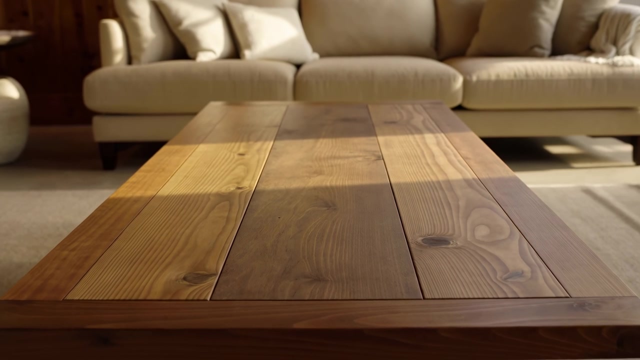 Calda vista interna dal basso di un tavolino da caffè in legno con venature visibili, nodi e superficie verniciata, che conduce verso un divano beige, con luce solare soffusa, in un soggiorno moderno e rilassante.