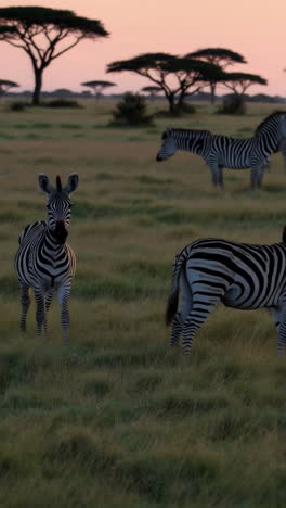 zebras in the savanna at sunset