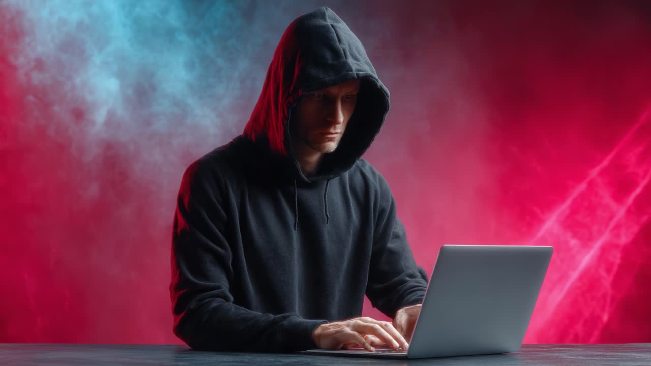 A solitary figure in a hooded sweatshirt intensely focuses on a laptop, surrounded by a dynamic backdrop of blue and red smoke, portraying themes of isolation and concentration