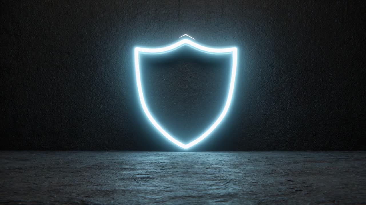 A Vibrant Neon Shield Illuminated Against a Dark Stone Background, Representing Protection and Security in a Modern Digital Context