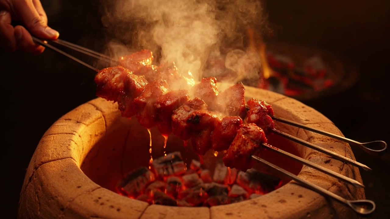 Chef che griglia spiedini di carne marinata in un tradizionale forno tandoor