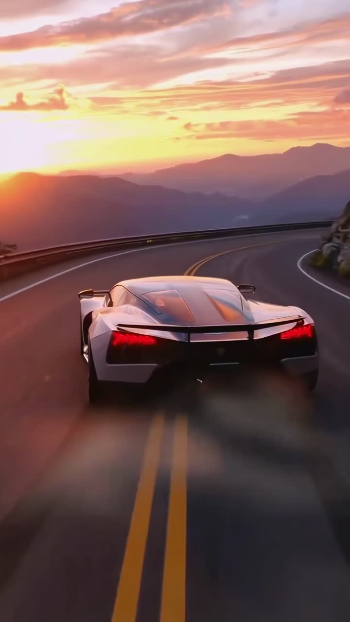 Video dinamico di un'auto elegante su una strada tortuosa al tramonto, ripreso da un'angolazione posteriore bassa.
