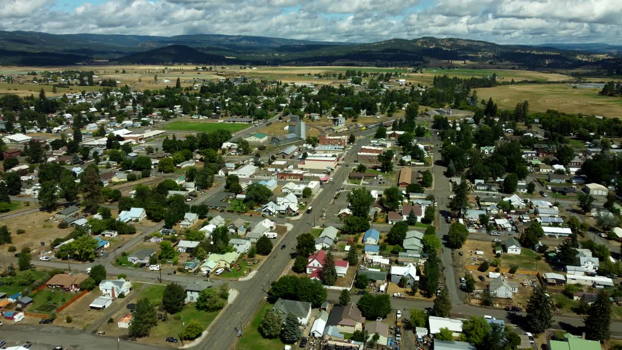 US, Oregon, Elgin, 2025-08-07 - Drone view of the city in Summer