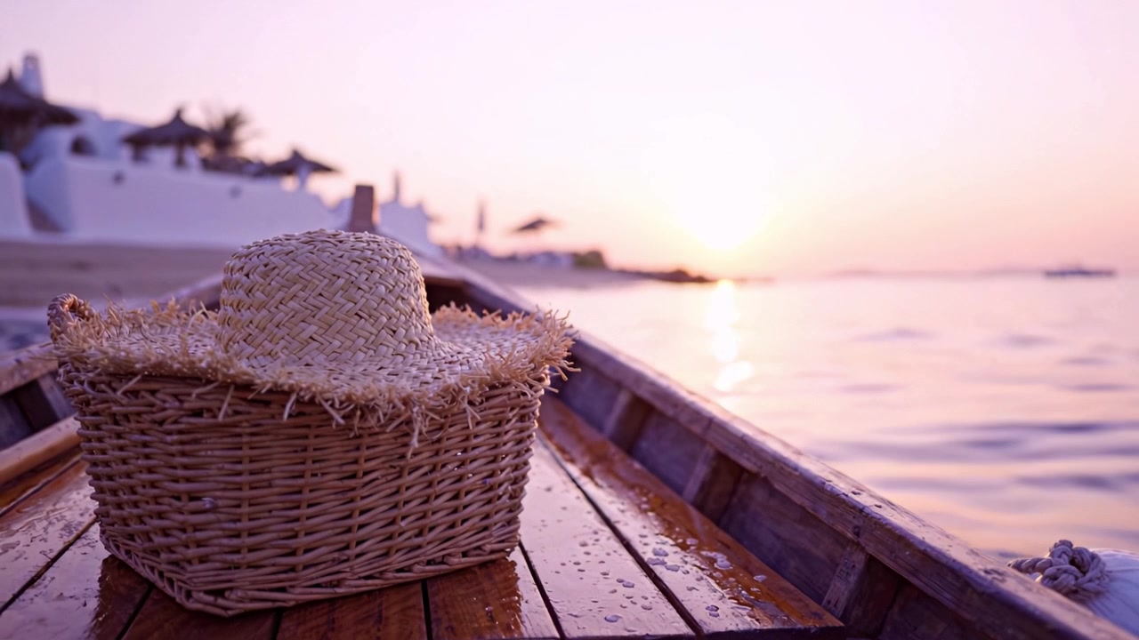 Una tranquilla scena al tramonto con un cappello di paglia appoggiato su una barca, che cattura l'essenza del relax e della serenità in riva all'acqua.