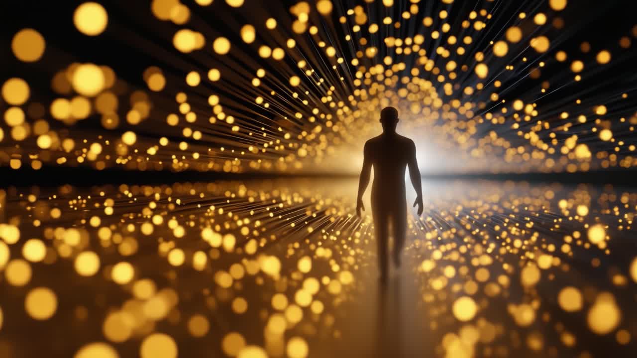 A mesmerizing figure walks through a cosmic space filled with glowing particles, illuminating the dark surroundings and creating an ethereal atmosphere of wonder