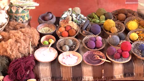 natural dyed wool yarn in peruvian andes, cuzco region, peru. high angle