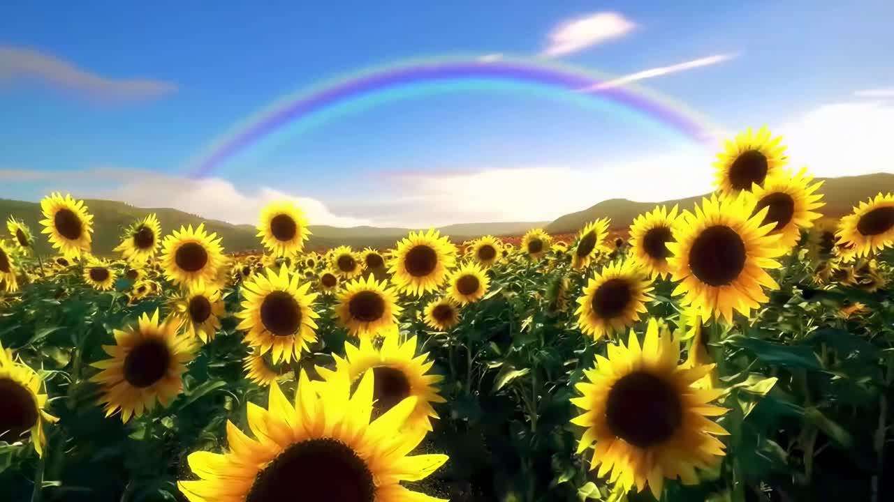 Vibrant video of sunflowers under a rainbow, captured from a low angle, evoking joy