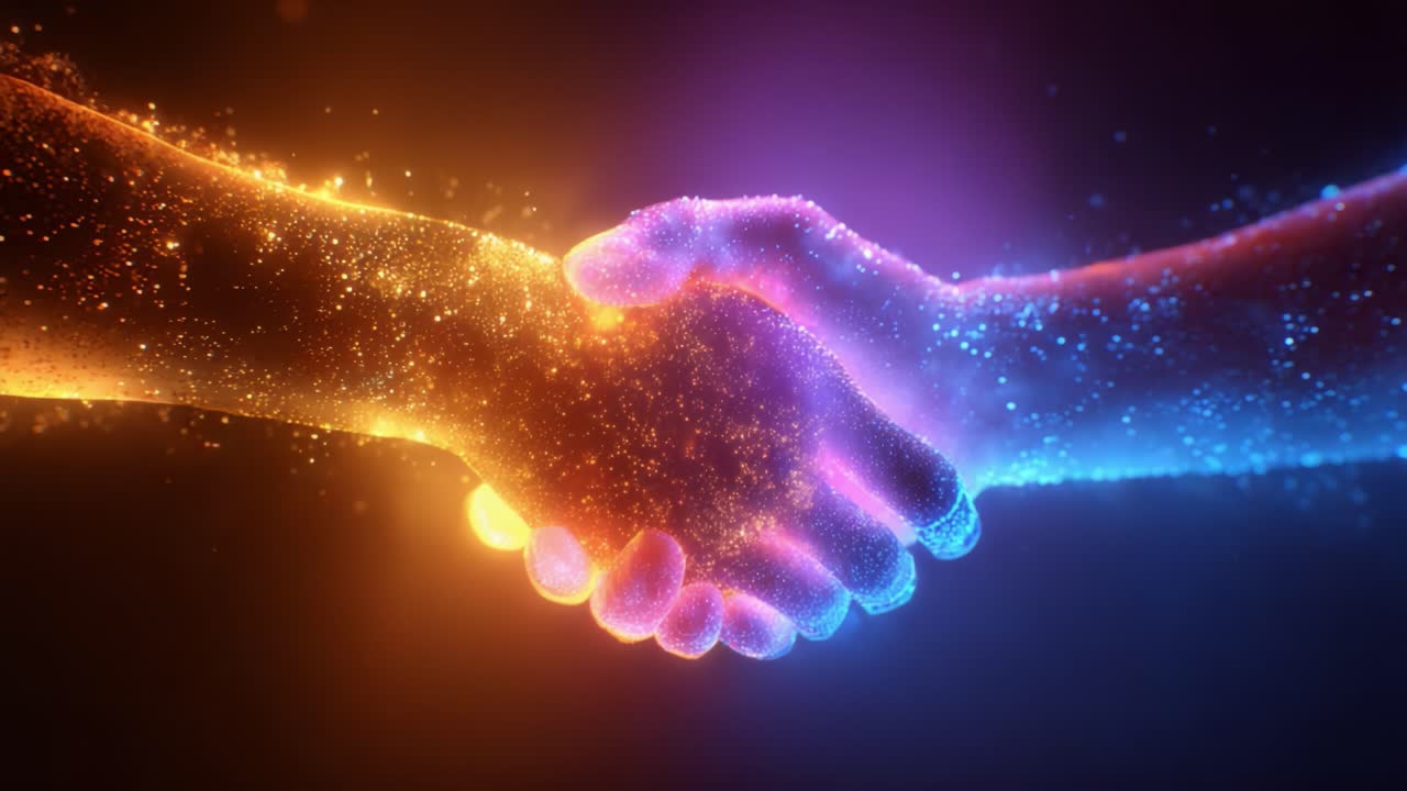 A mesmerizing visual representation of unity and connection, showcasing two hands clasping in a brilliant display of colorful particles and glowing energy, symbolizing harmony and collaboration in a vibrant, cosmic environment