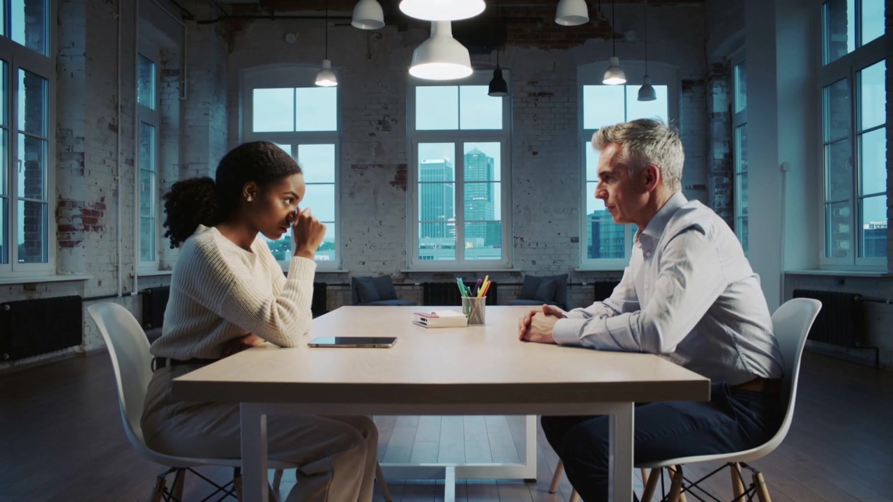 Starting interview, woman in sweater touching face, man in shirt listening at loft with tablet