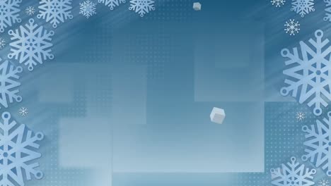 Snowflakes-pattern-against-multiple-abstract-square-shapes-on-blue-background