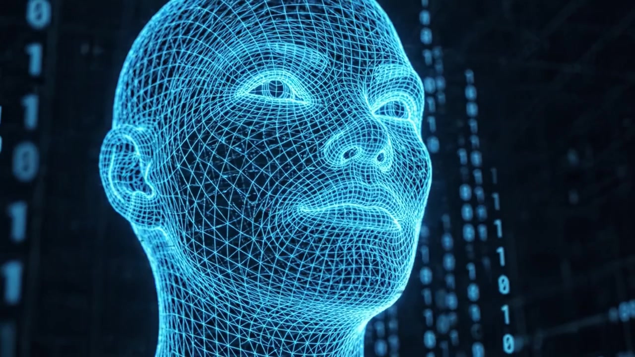Rappresentazione digitale umana: una visuale mozzafiato di un modello umano wireframe 3D illuminato con riflessi blu neon su uno sfondo scuro.