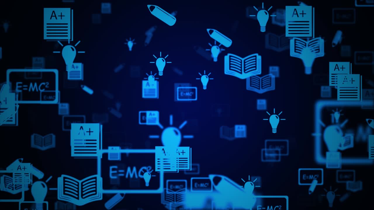 추상적인 수학적 공식은 가상 공간 루프 배경에서 작성되고 이동됩니다.