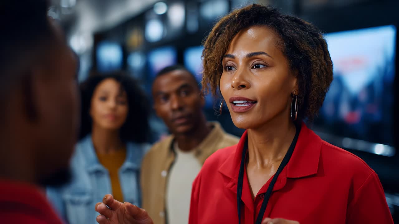 Vivace discussione tra persone diverse in un ambiente di vendita al dettaglio, incentrata sull'interazione con i clienti e sulle capacità comunicative, che evidenzia l'importanza dei rapporti personali nelle vendite