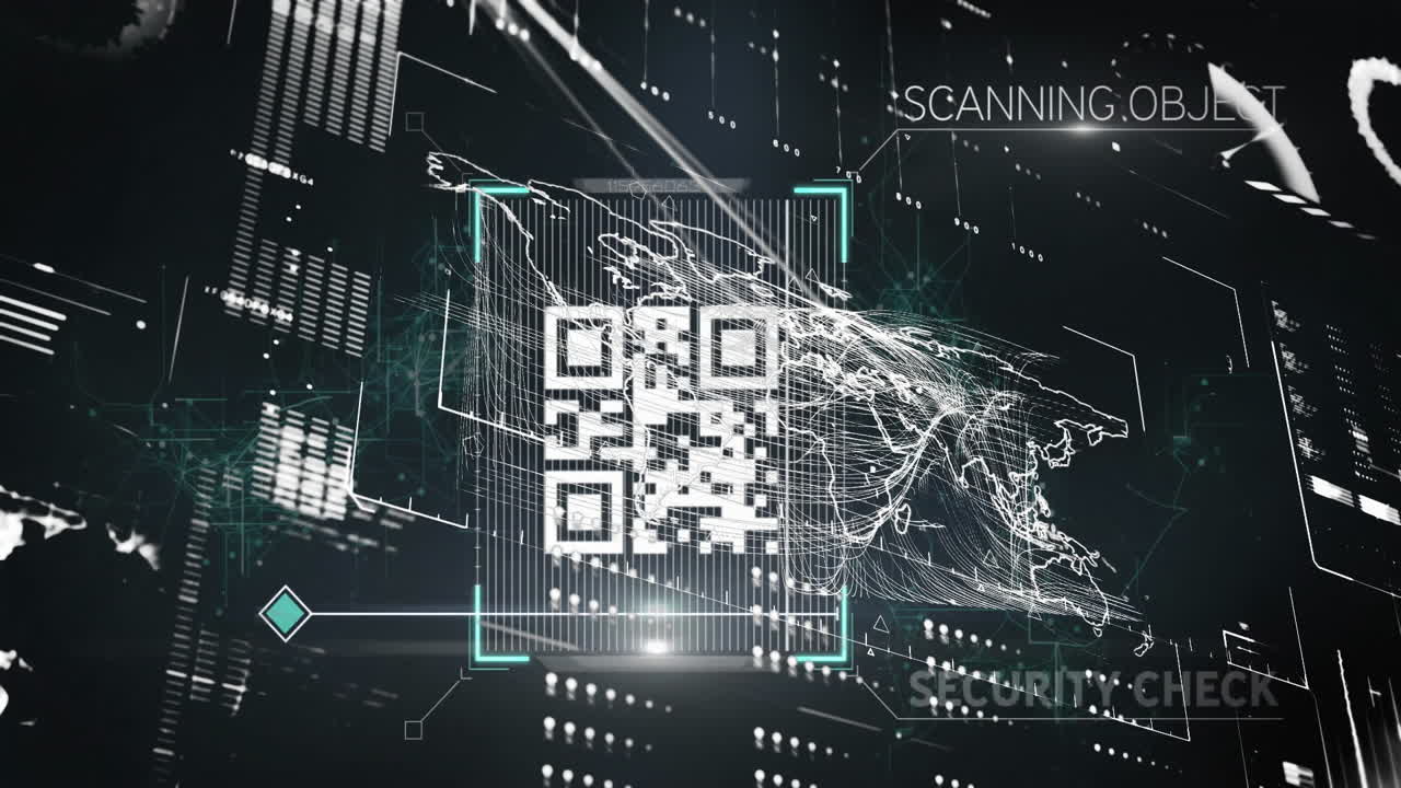 código qr y mapa del mundo con objeto de escaneo y animación de comprobación de seguridad