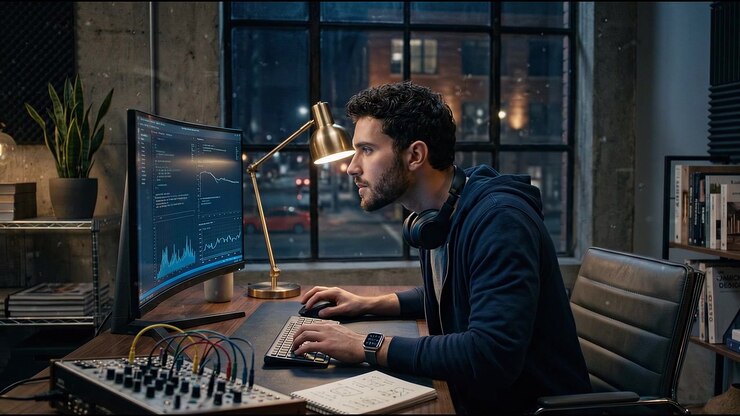 Software engineer coding on desktop computer inside creative technology startup office at night