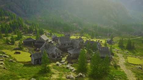 abandoned village surrounded by lush greenery in mountainous terrain
