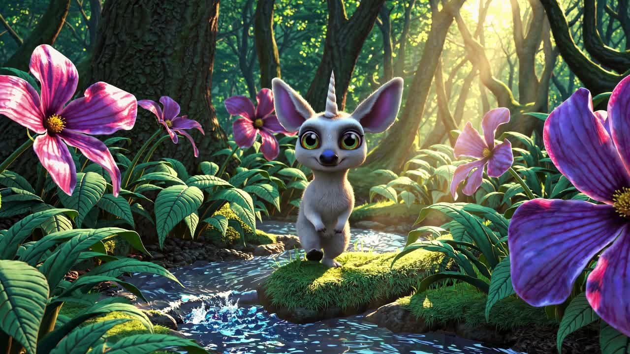 Um unicórnio mágico num riacho da floresta