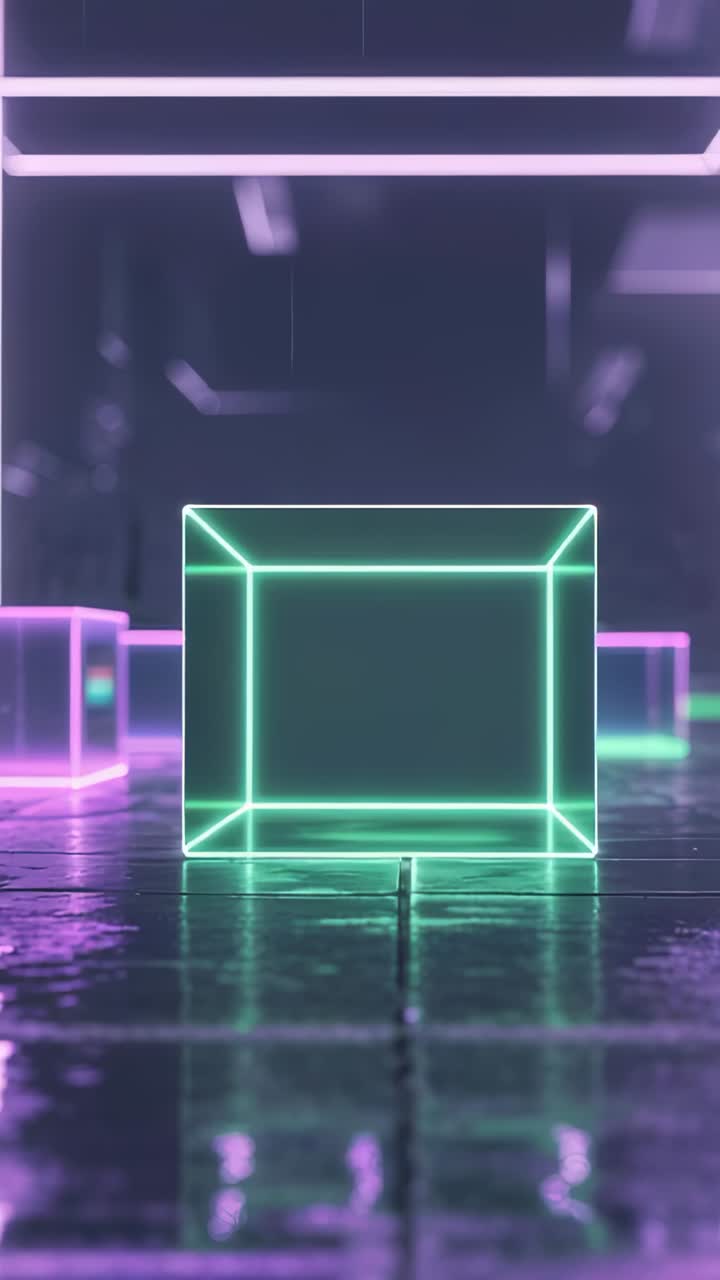Video verticale: cubo acquatico in loop che si illumina sul pavimento di un corridoio, con cubi rosa e barre al neon