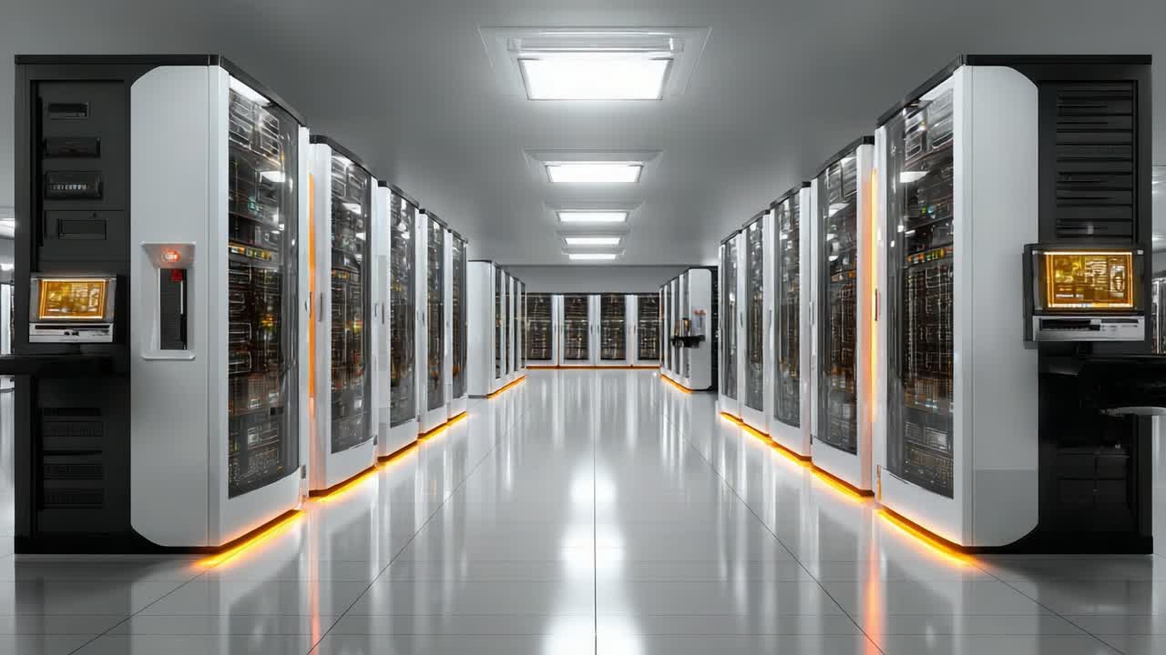 A high-tech data center showcasing rows of server racks illuminated with ambient lighting, representing modern computing and data management innovation