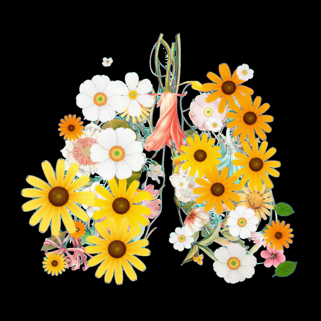 Floral lungs art illustration animation isolated asset, transparent 4K video, alpha channel, ProRes