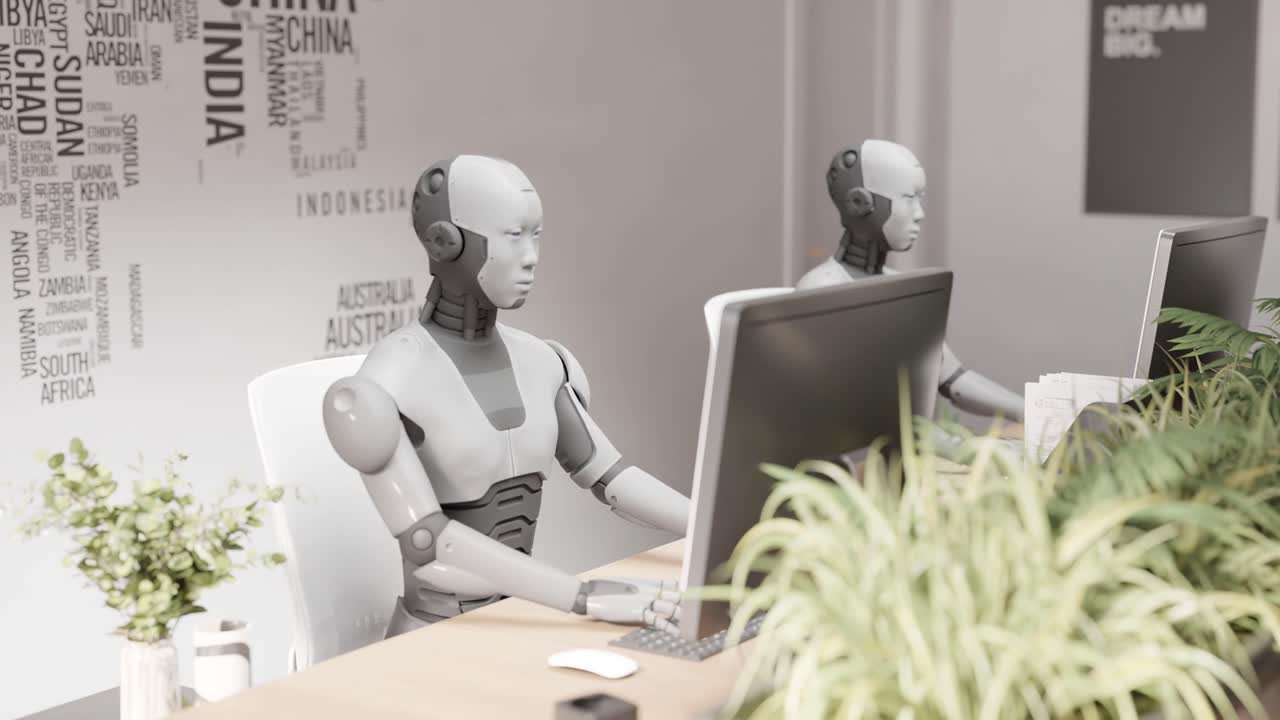 futuristic team of robot chatting with customer care animation of chatbot with hud interface keyboard artificial intelligent working class labor in the future 3d rendering animation modern office