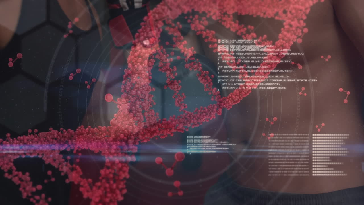 근육을 가진 남자가 운동하는 dna 가닥의 애니메이션