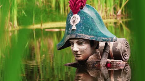 Verlassene-Napoleon-Bonaparte-Statue-Im-Wasser,-Freizeitpark-Drunen