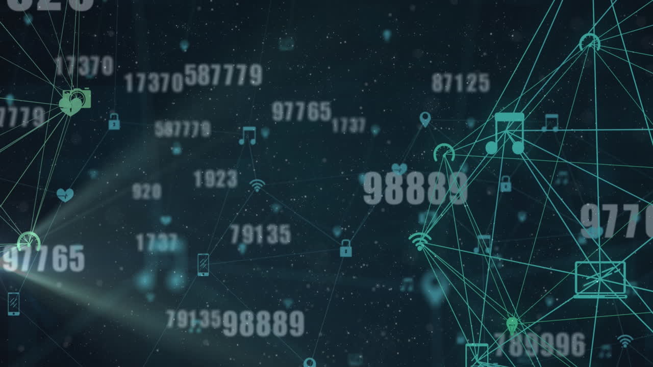 Animation of multiple changing numbers over globe of digital icons spinning against blue background