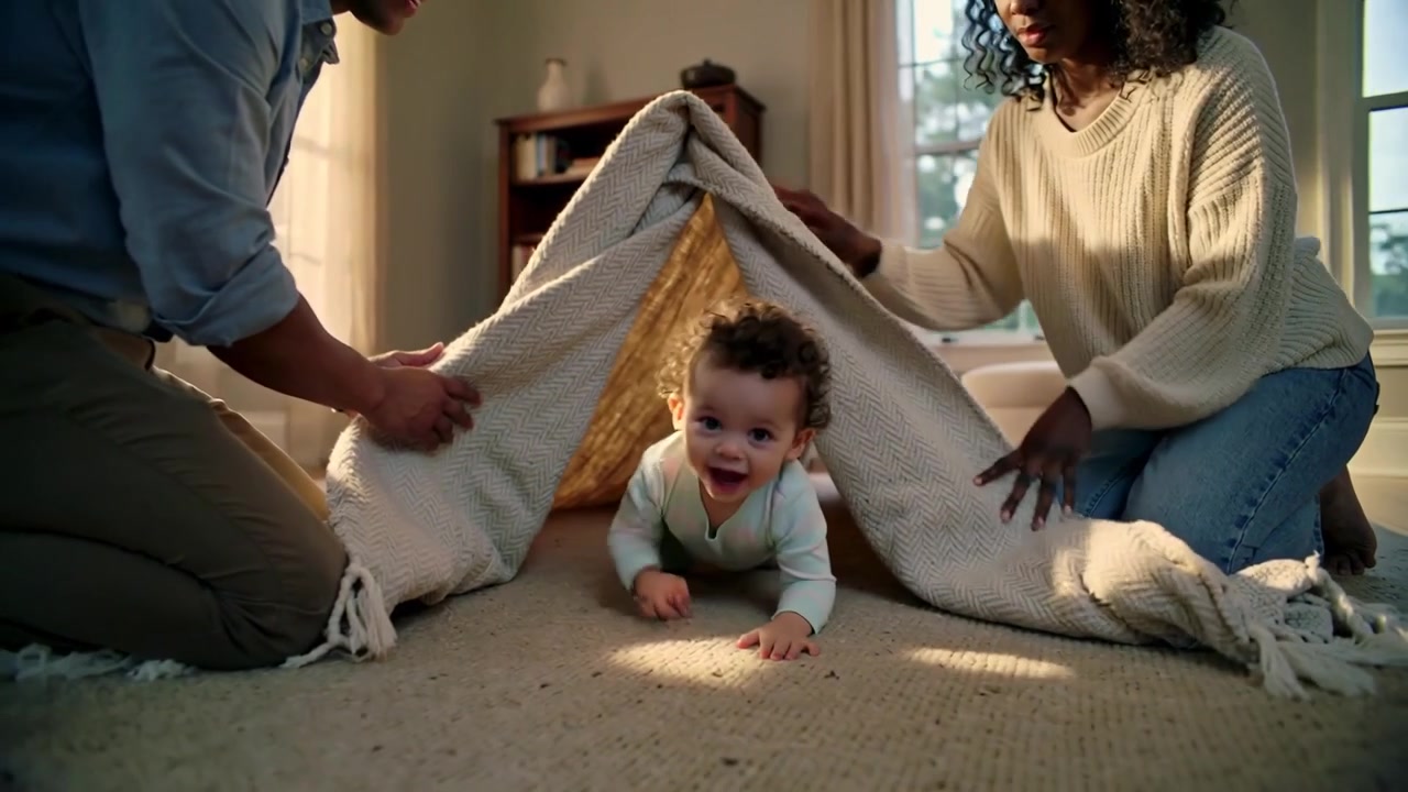 Smoothing blanket, parents in blue and cream holding tent, coaxing infant to crawl in living room