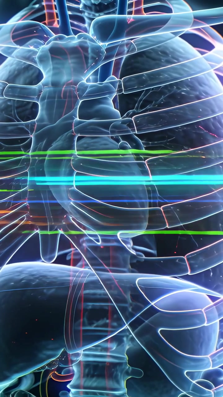Vertical video: Sweeping neon bands scanning transparent ribcage in lab, revealing heart and lungs