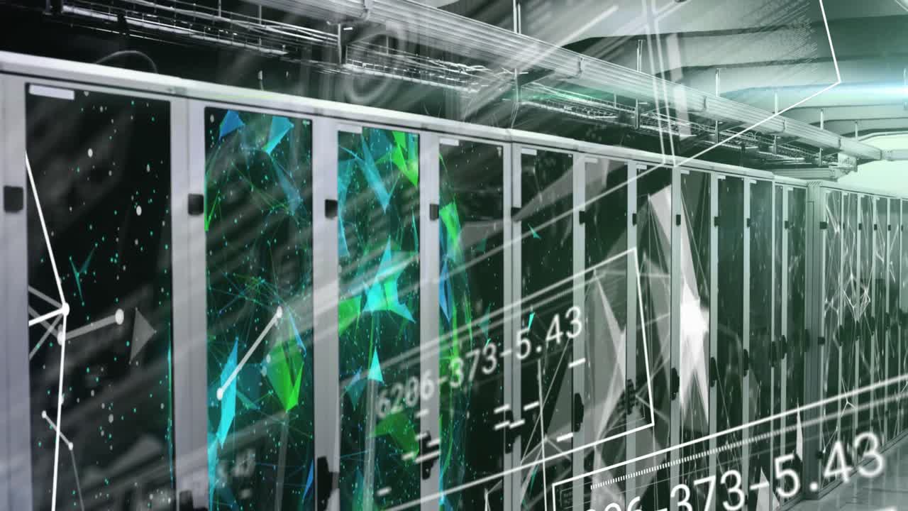 animación de pantallas de hud con números y gráficos, puntos conectados y globo en bastidores de servidores de datos